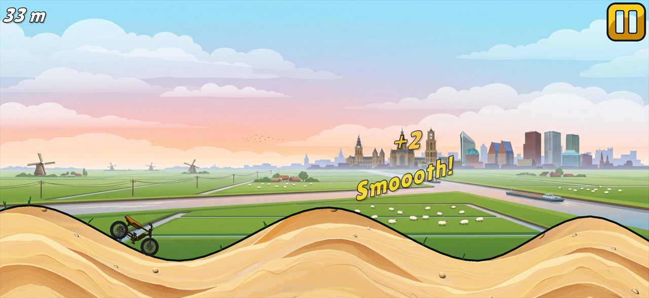 Een soepele landing op een duinhelling levert "Smoooth!" en bonuspunten op